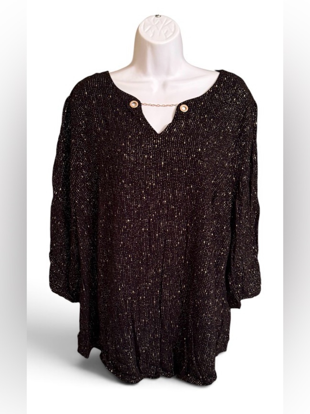 Torrid 3 22/24 Black Gold Metallic Shimmer Chain Neck 3/4 Sleeve Blouse